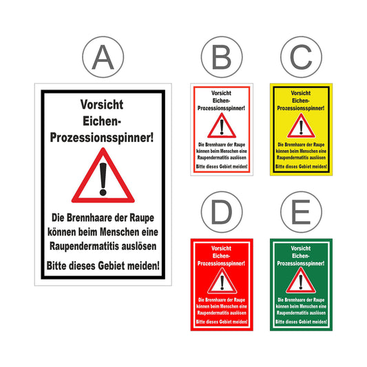 Übersichtsbild Schild Vorsicht Eichen Prozessionsspinner ‚Vorsicht Eichen-Prozessionsspinner!‘ mit allen Farbvarianten