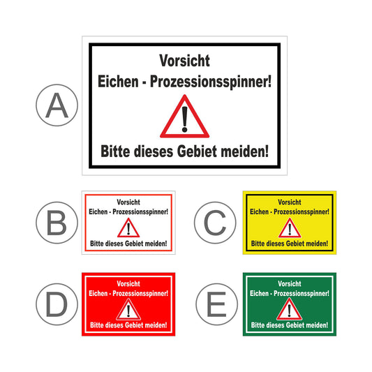 Übersichtsbild Schild Vorsicht Eichen - Prozessionsspinner Gebiet meiden mit allen verfügbaren Farbvarianten