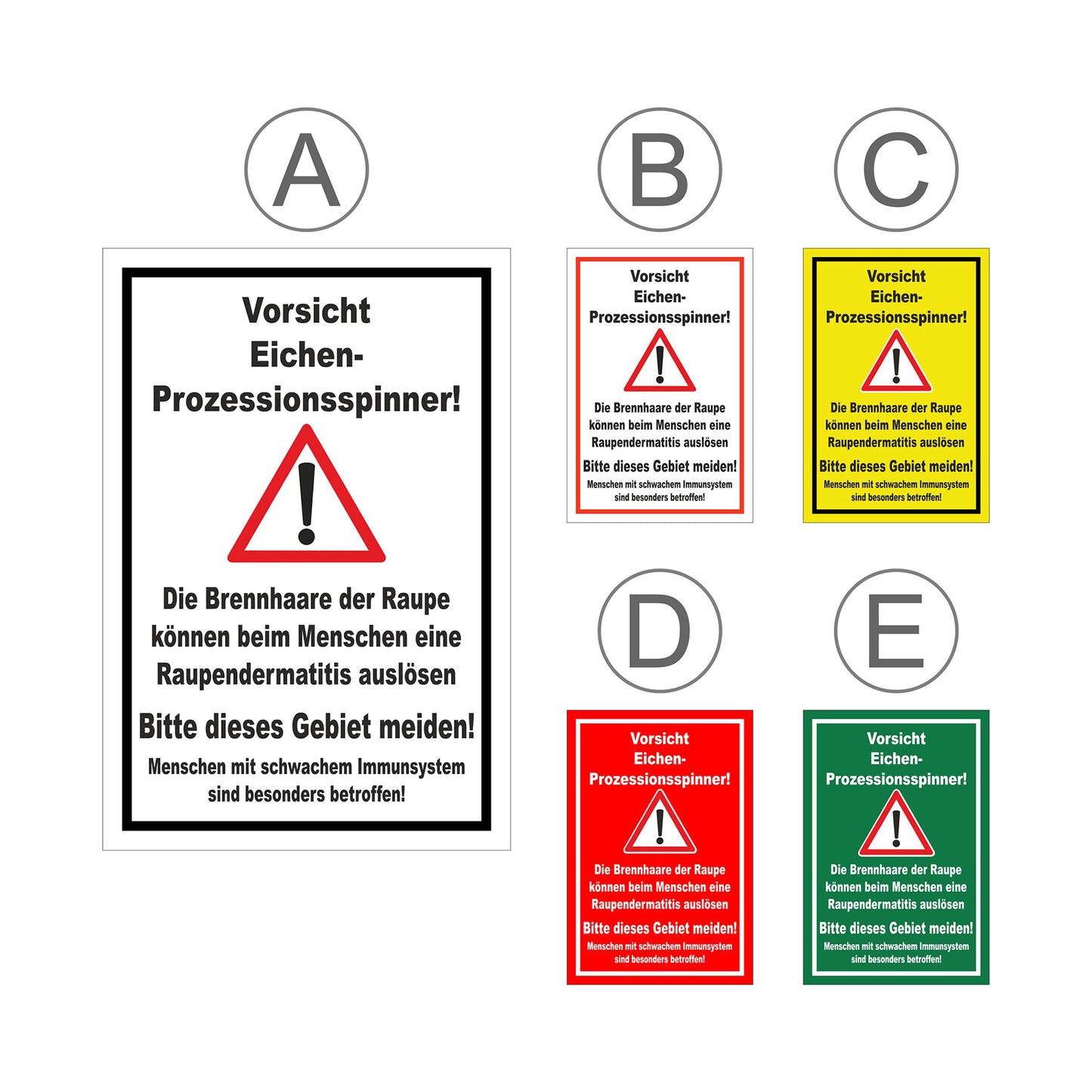 Übersichtsbild Schild Warnhinweis Eichen-Prozessionsspinner ‚Vorsicht Eichen-Prozessionsspinner‘ mit allen Farbvarianten