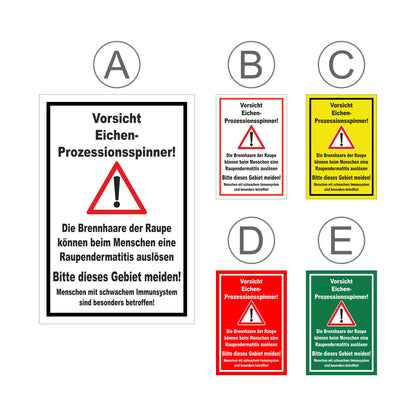 Übersichtsbild Schild Warnhinweis Eichen-Prozessionsspinner ‚Vorsicht Eichen-Prozessionsspinner‘ mit allen Farbvarianten