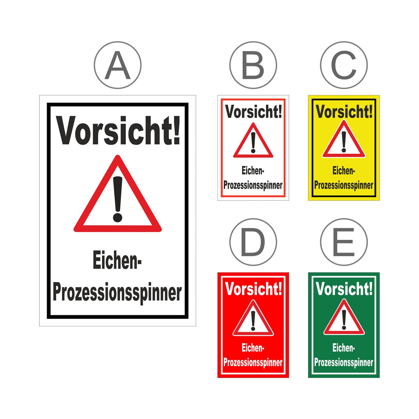 Übersichtsbild Schild Vorsicht Eichen-Prozessionsspinner mit allen verfügbaren Farbvarianten