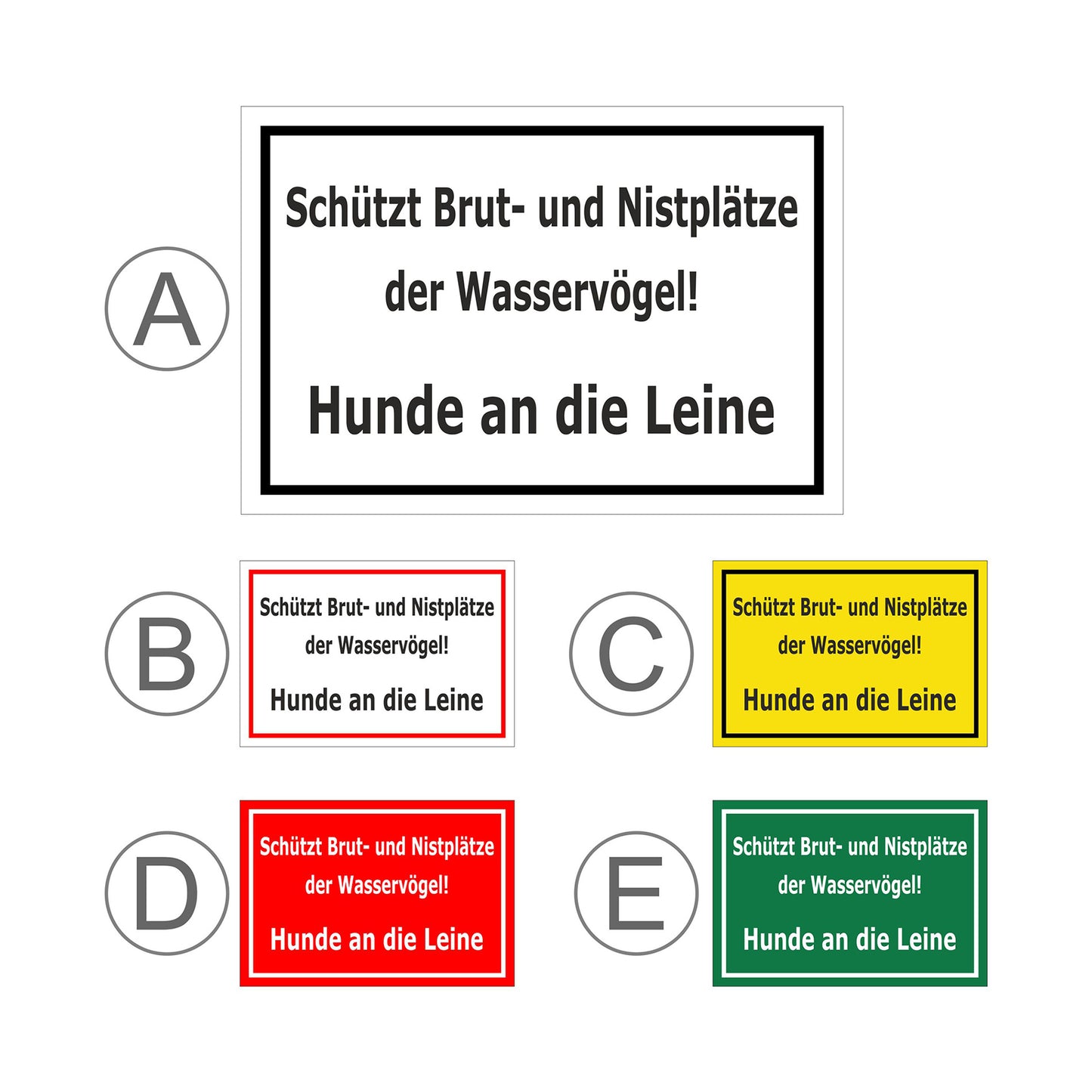 Übersichtsbild Schild Schutz von Brut- und Nistplätzen Hunde an die Leine Hinweis mit allen verfügbaren Farbvarianten