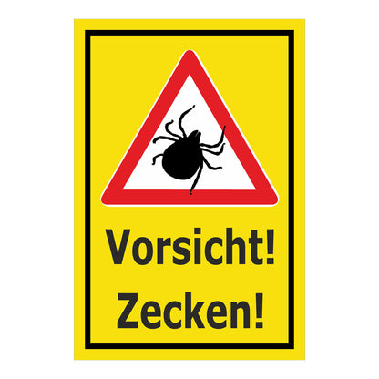 Schild Vorsicht Zecken Warnhinweis mit Text ‚Vorsicht! Zecken!‘ gelber Hintergrund schwarzer Rahmen