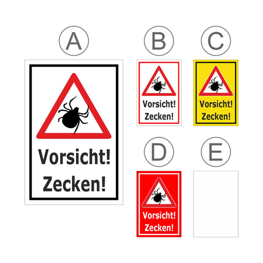 Übersichtsbild Schild Vorsicht Zecken Warnhinweis mit Text ‚Vorsicht! Zecken!‘ mit allen verfügbaren Farbvarianten