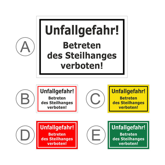 Übersichtsbild Schild Unfallgefahr Betreten des Steilhanges verboten mit allen verfügbaren Farbvarianten