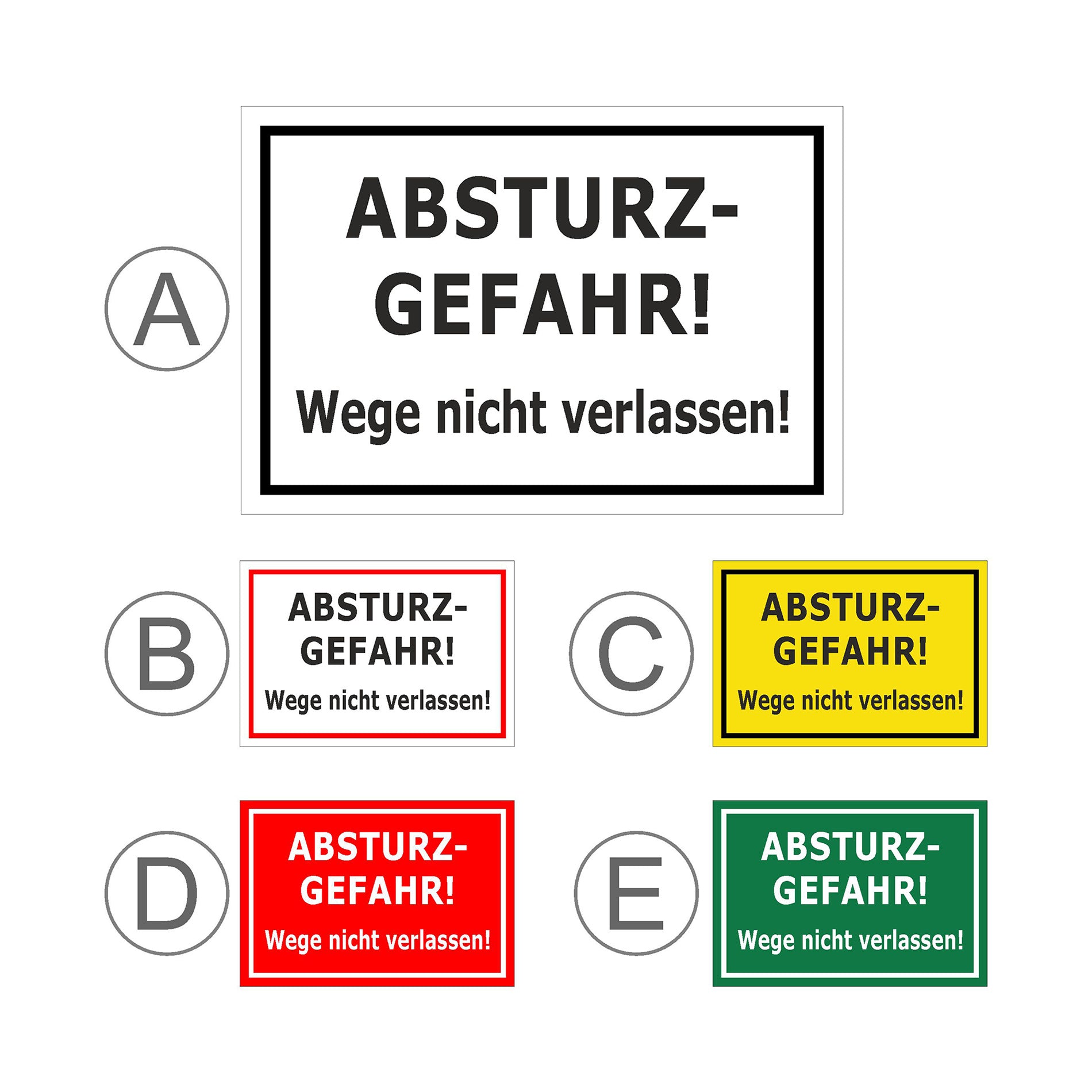 Übersichtsbild Schild Absturzgefahr Wege nicht verlassen ‚ABSTURZ-GEFAHR! Wege nicht verlassen!‘ mit allen verfügbaren Farbvarianten
