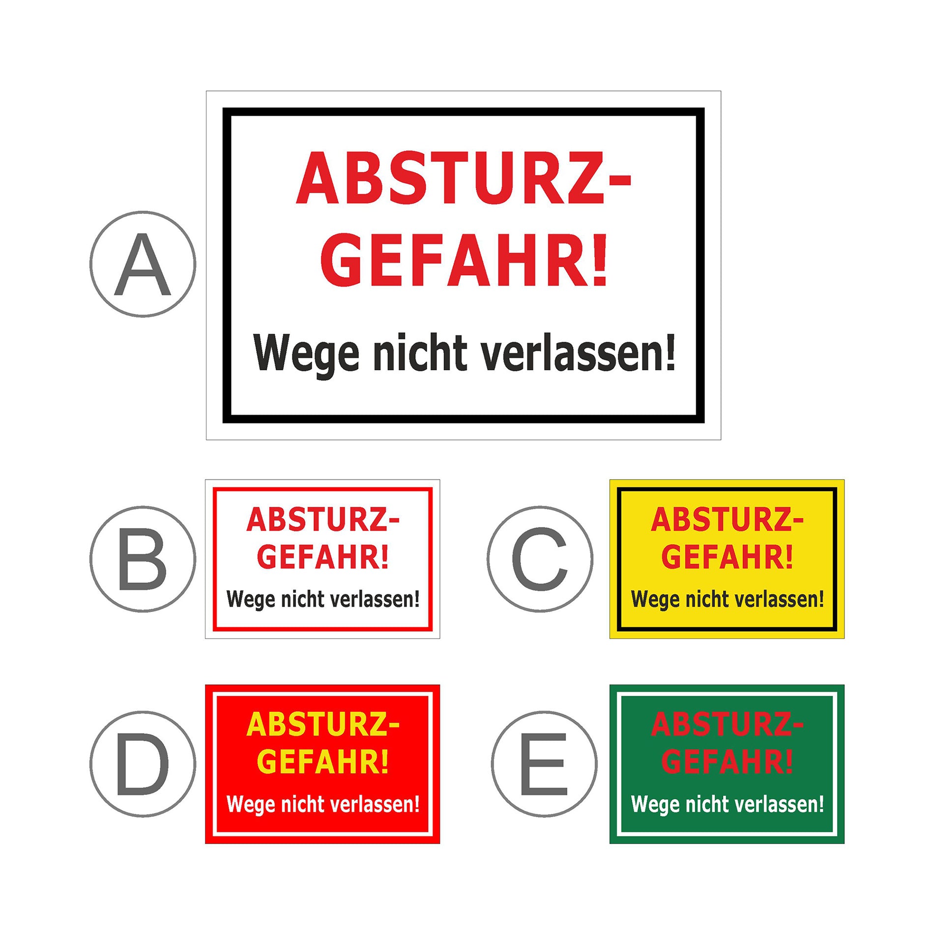 Übersichtsbild Schild Absturzgefahr Wege nicht verlassen ‚ABSTURZ-GEFAHR! Wege nicht verlassen!‘ mit allen verfügbaren Farbvarianten