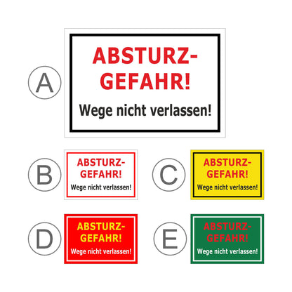 Übersichtsbild Schild Absturzgefahr Wege nicht verlassen ‚ABSTURZ-GEFAHR! Wege nicht verlassen!‘ mit allen verfügbaren Farbvarianten