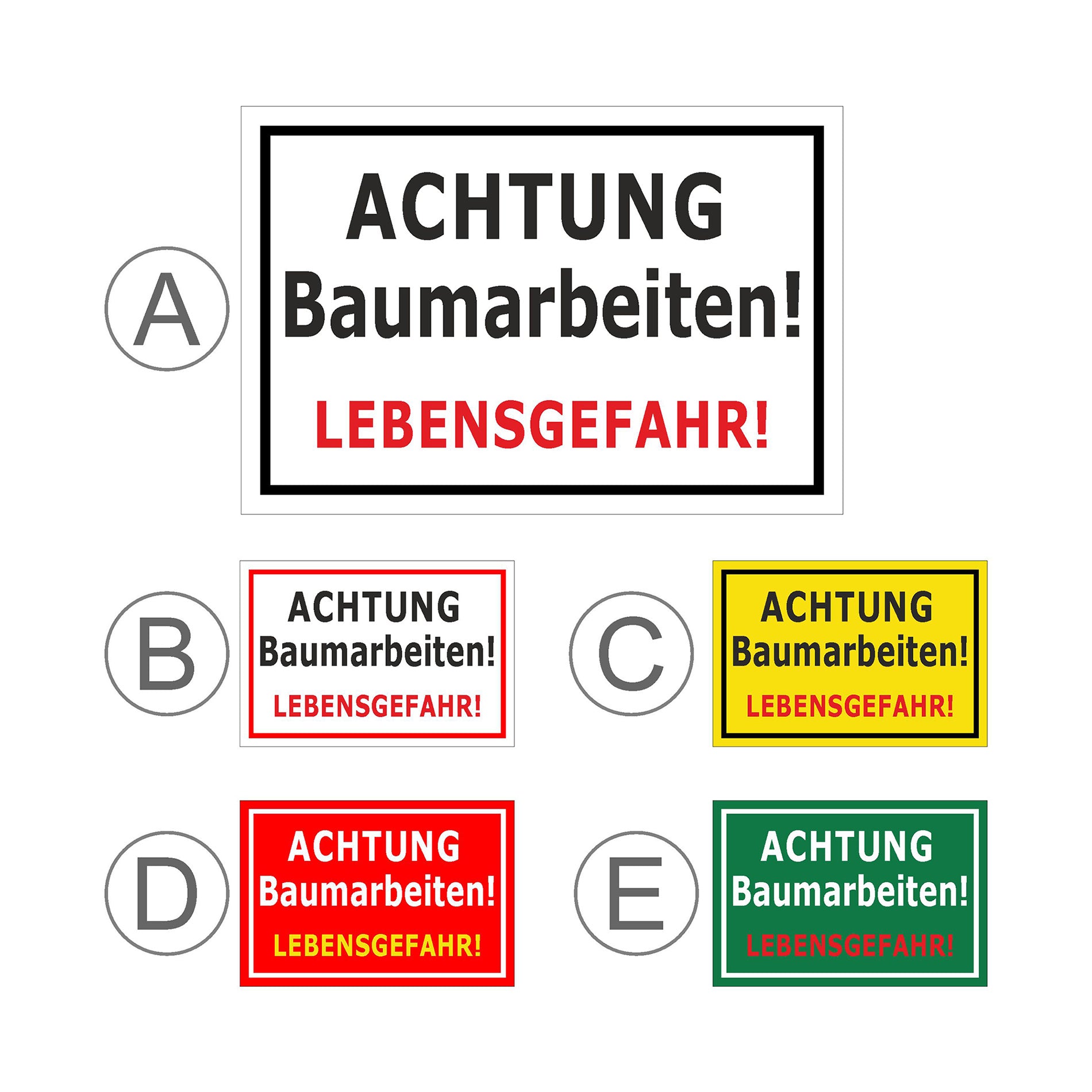 Übersichtsbild Schild Achtung Baumarbeiten Lebensgefahr mit allen verfügbaren Farbvarianten