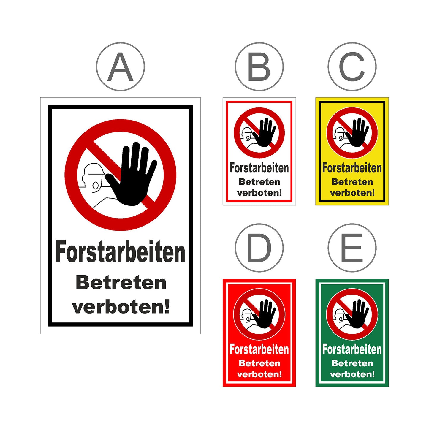 Übersichtsbild Schild Forstarbeiten Betreten verboten! mit allen verfügbaren Farbvarianten