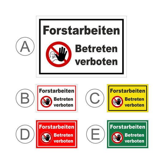 Übersichtsbild Schild Forstarbeiten Betreten verboten mit allen verfügbaren Farbvarianten