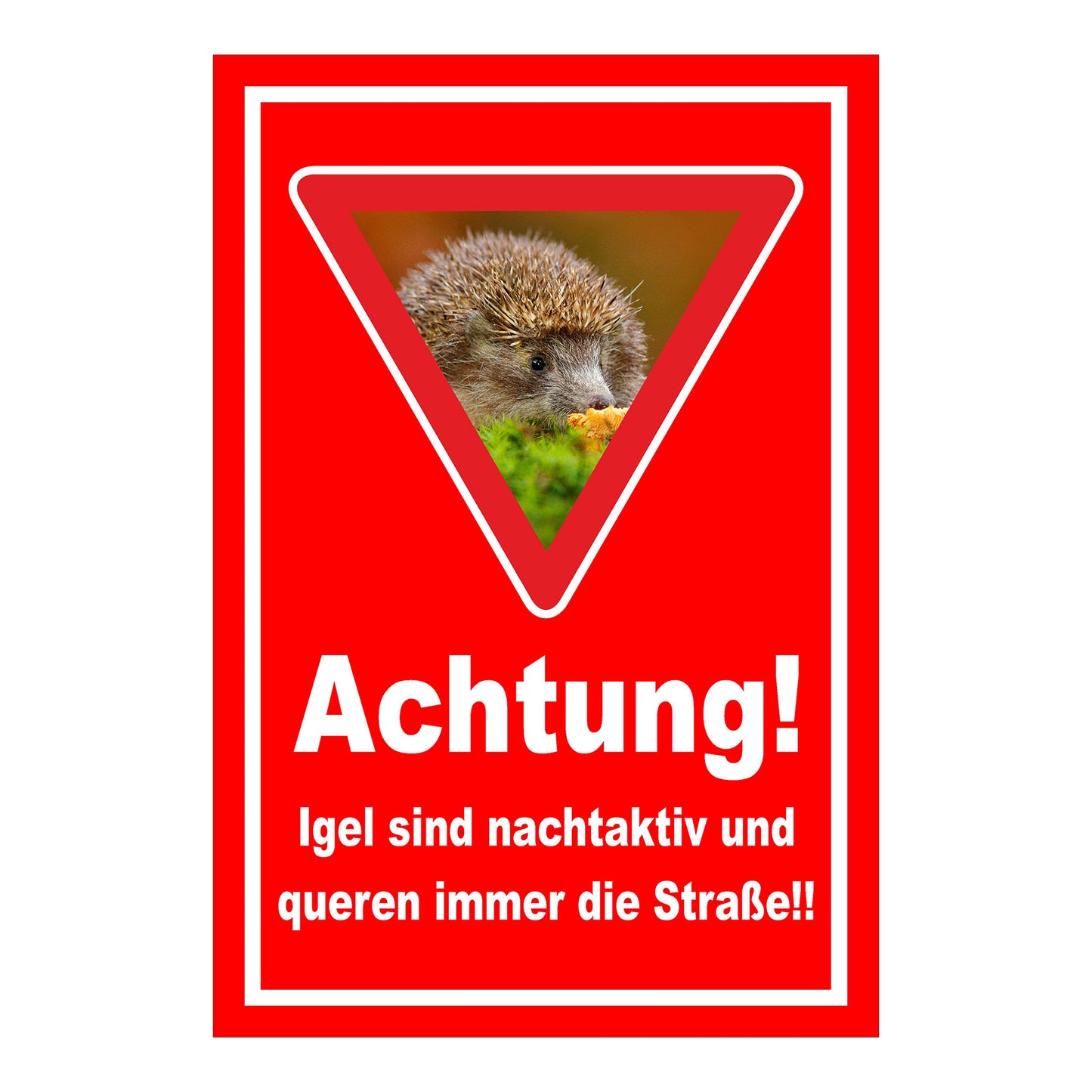 Schild Achtung Igel queren die Straße in Rot mit weißem Rand
