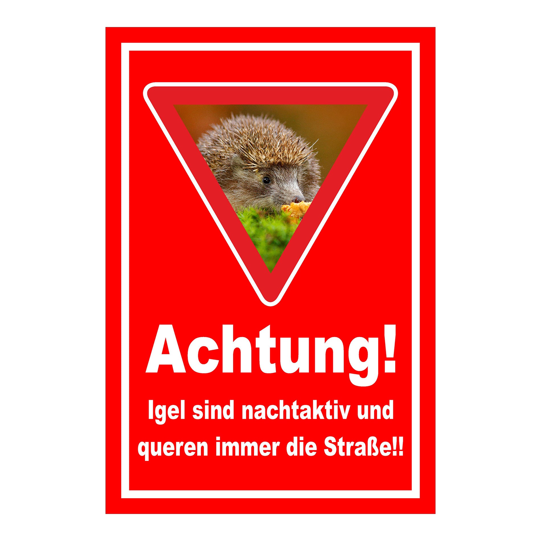 Schild Achtung Igel queren die Straße in Rot mit weißem Rand