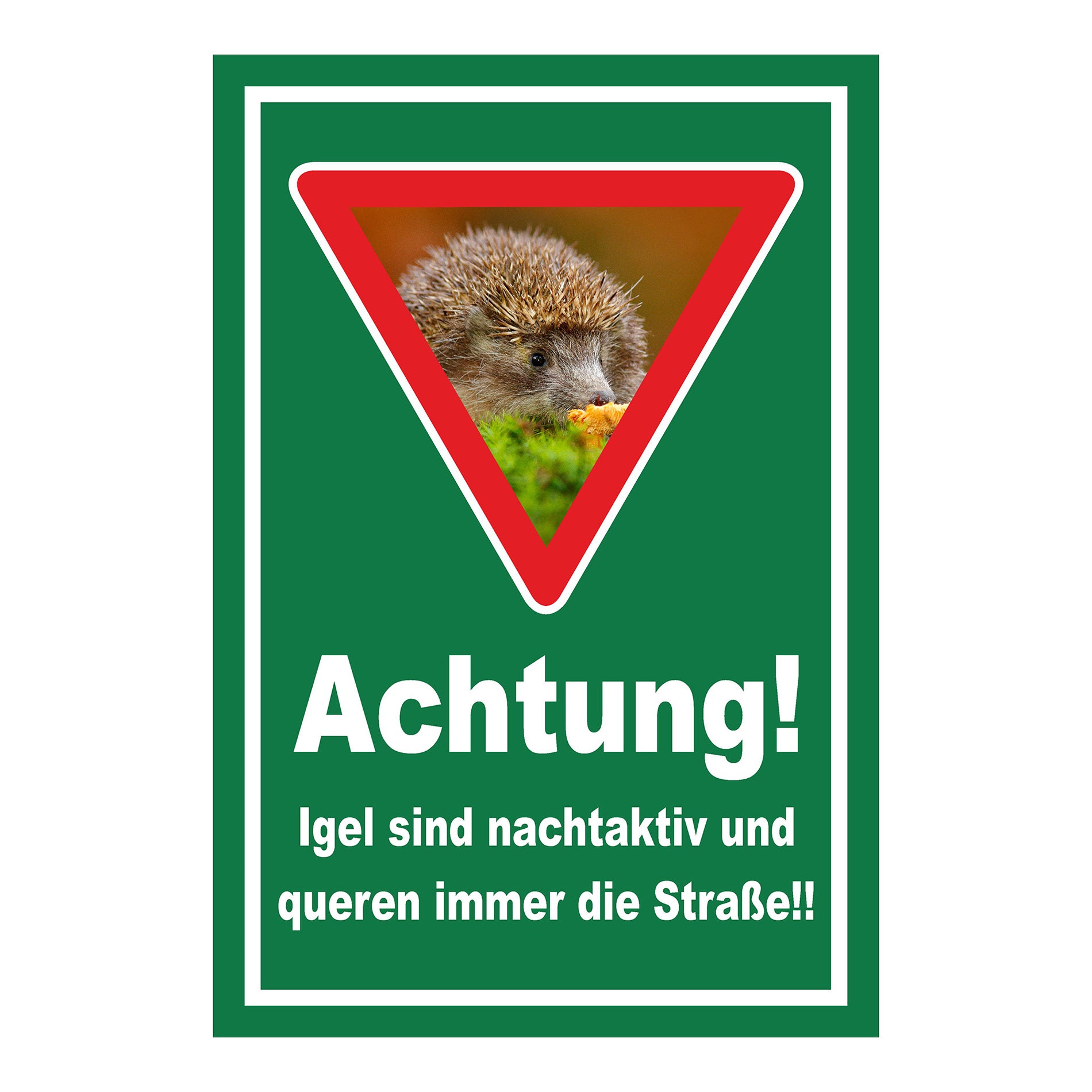 Schild Achtung Igel queren die Straße in Grün mit weißem Rand
