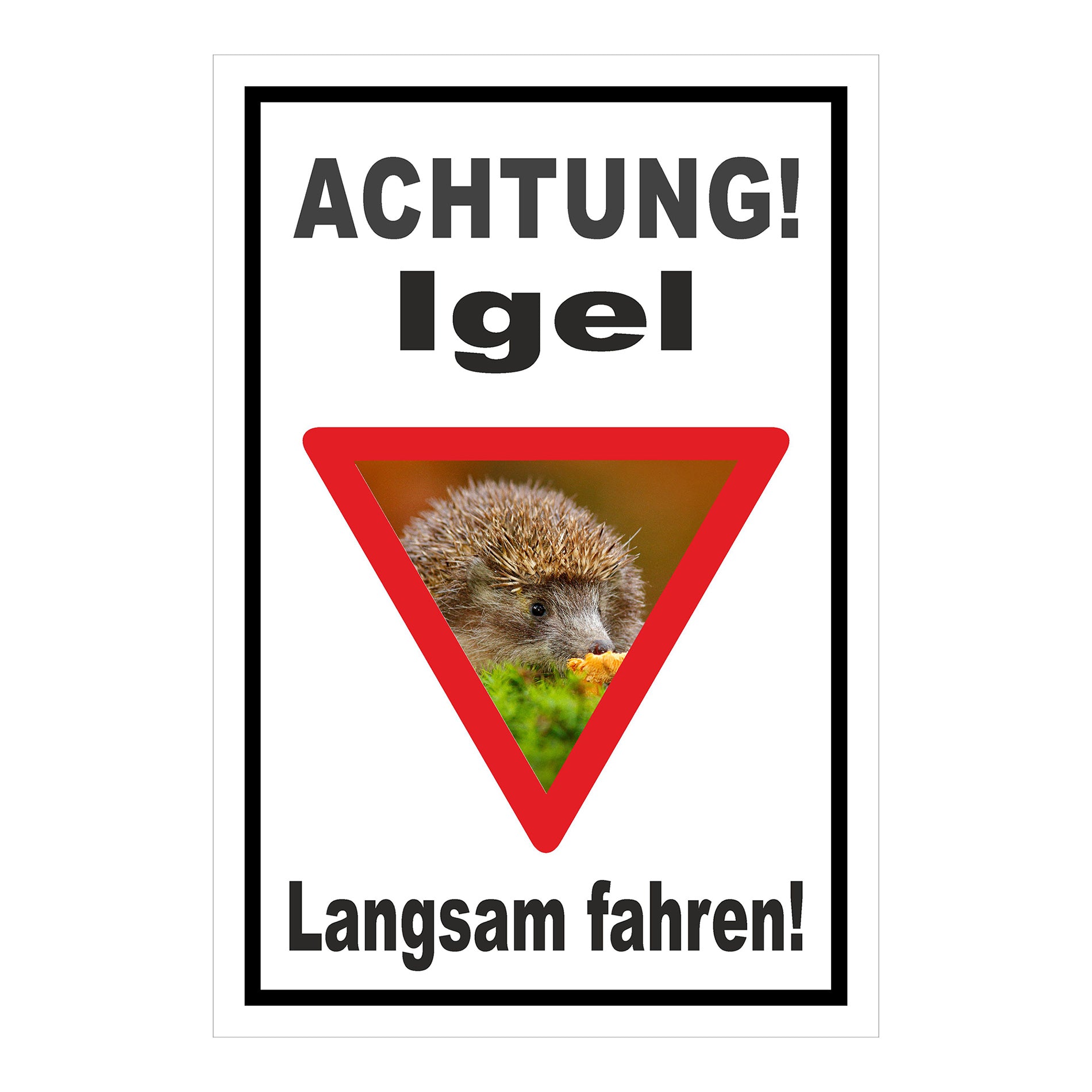 Schild Achtung Igel Langsam fahren in Weiß mit schwarzem Rand und rotem Warndreieck