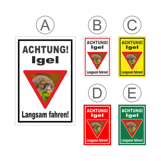 Übersichtsbild Schild Achtung Igel Langsam fahren mit allen verfügbaren Farbvarianten
