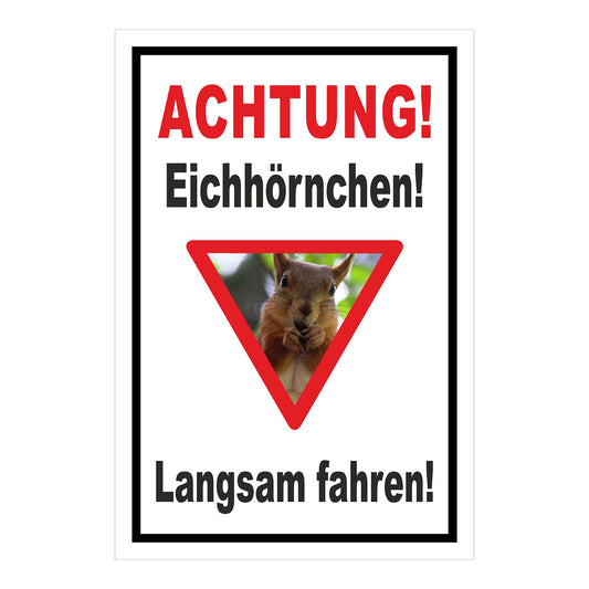 Schild Achtung Eichhörnchen Langsam fahren in Weiß mit schwarzem Rand
