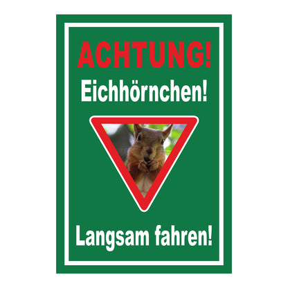 Schild Achtung Eichhörnchen Langsam fahren in Grün mit weißem Rand