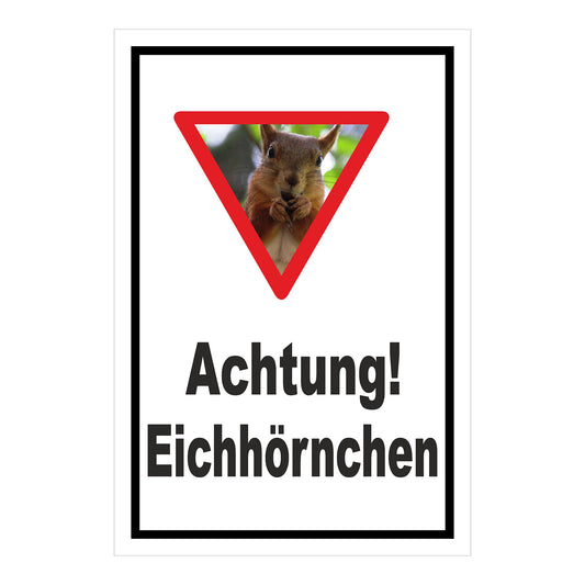 Schild Achtung Eichhörnchen mit Warndreieck und Motiv ‚Achtung! Eichhörnchen‘ in Weiß mit schwarzem Rand