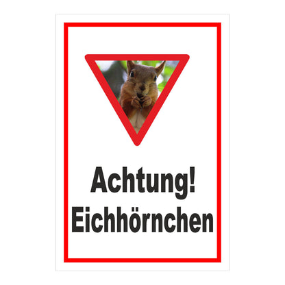 Schild Achtung Eichhörnchen mit Warndreieck und Motiv ‚Achtung! Eichhörnchen‘ in Weiß mit rotem Rand