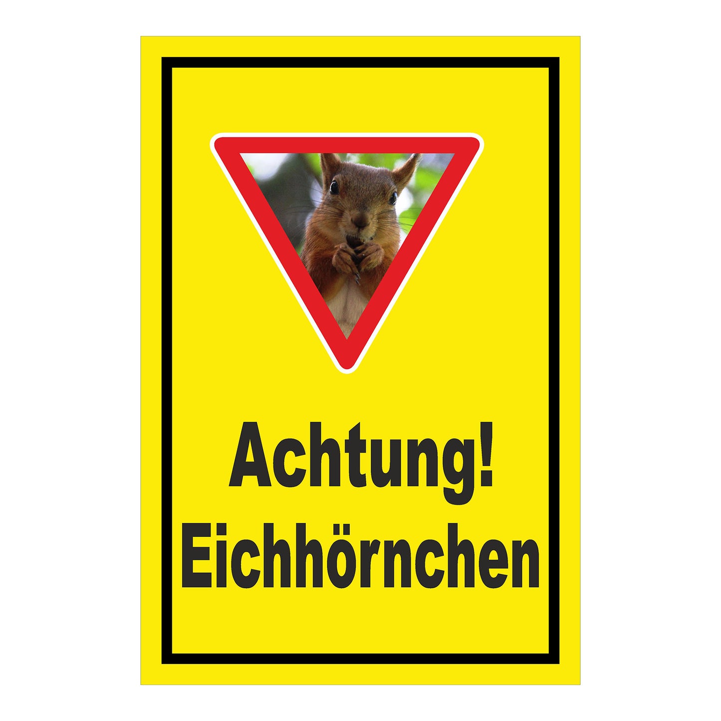 Schild Achtung Eichhörnchen mit Warndreieck und Motiv ‚Achtung! Eichhörnchen‘ in Gelb mit schwarzem Rand