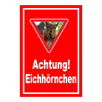 Schild Achtung Eichhörnchen mit Warndreieck und Motiv ‚Achtung! Eichhörnchen‘ in Rot mit weißem Rand