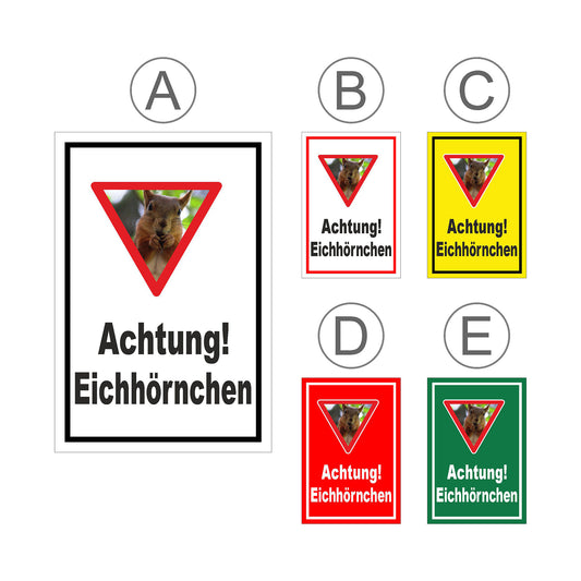 Übersichtsbild Schild Achtung Eichhörnchen mit Warndreieck und Motiv ‚Achtung! Eichhörnchen‘ mit allen verfügbaren Farbvarianten