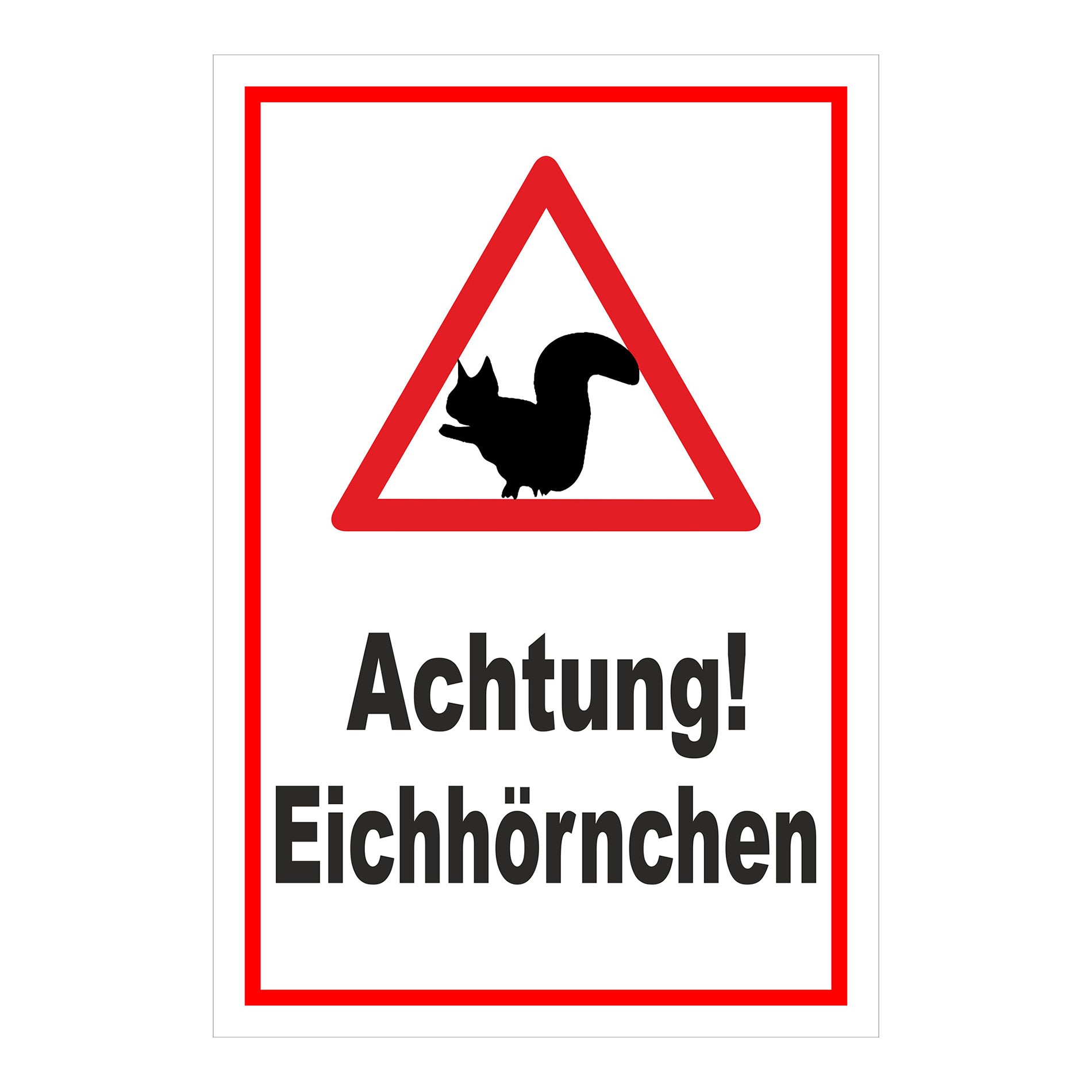 Schild Achtung Eichhörnchen „Achtung! Eichhörnchen“ weißer Hintergrund mit rotem Rand und Warndreieck