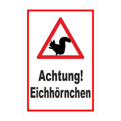 Schild Achtung Eichhörnchen „Achtung! Eichhörnchen“ weißer Hintergrund mit rotem Rand und Warndreieck
