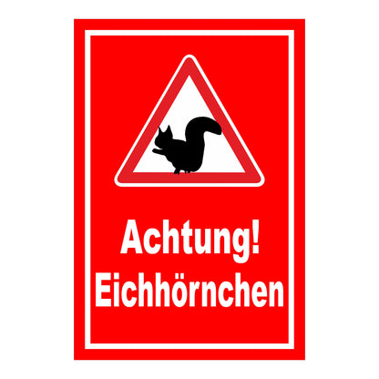 Schild Achtung Eichhörnchen „Achtung! Eichhörnchen“ roter Hintergrund mit weißem Rand und Warndreieck