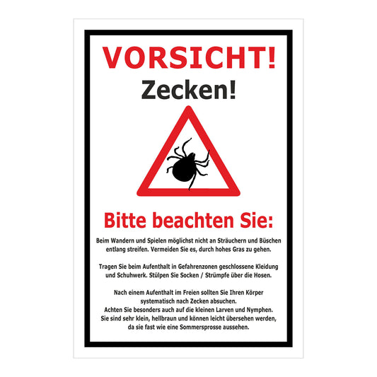 Schild Vorsicht Zecken Hinweis Verhalten im Zeckengebiet in weiß mit schwarzem Rand und rotem Warnsymbol