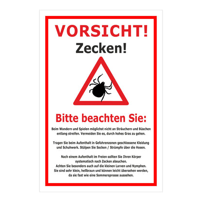 Schild Vorsicht Zecken Hinweis Verhalten im Zeckengebiet in weiß mit rotem Rand und Warnsymbol