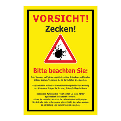 Schild Vorsicht Zecken Hinweis Verhalten im Zeckengebiet in gelb mit schwarzem Rand und Warnsymbol
