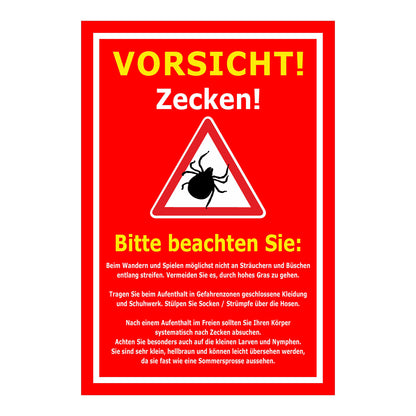 Schild Vorsicht Zecken Hinweis Verhalten im Zeckengebiet in rot mit gelbem Textbereich und Warnsymbol