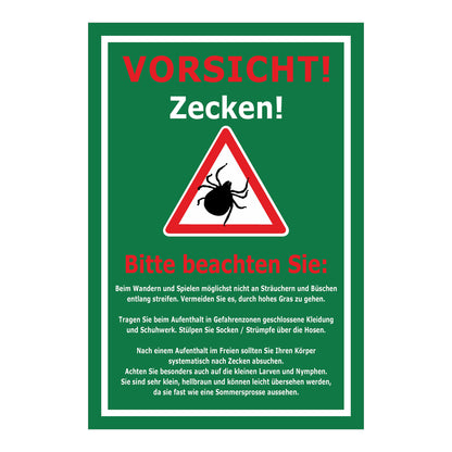 Schild Vorsicht Zecken Hinweis Verhalten im Zeckengebiet in grün mit weißem Rand und Warnsymbol