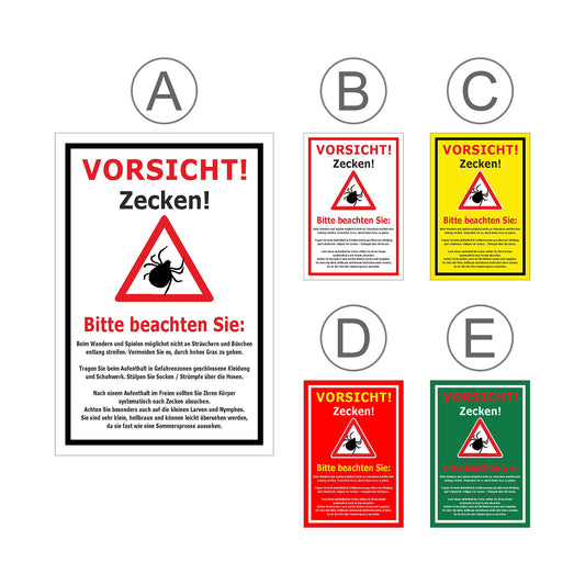 Übersichtsbild Schild Vorsicht Zecken Hinweis Verhalten im Zeckengebiet mit allen verfügbaren Farbvarianten