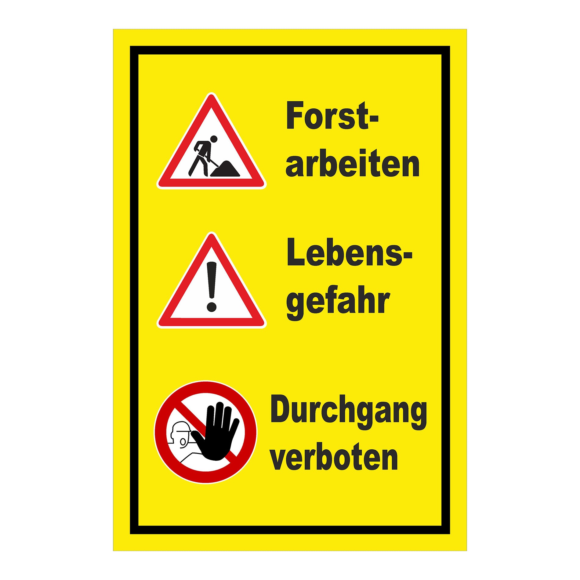 Schild Forstarbeiten Lebensgefahr Durchgang verboten in Gelb mit schwarzem Rand und Warnsymbolen