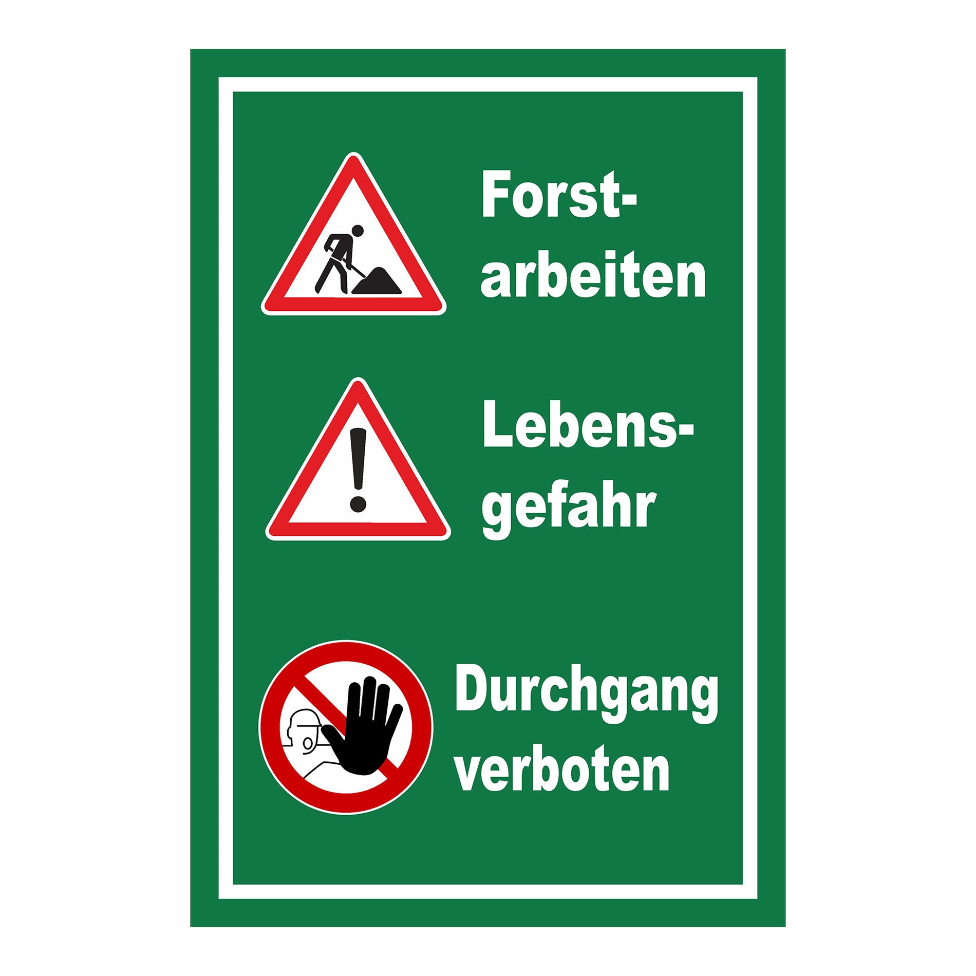 Schild Forstarbeiten Lebensgefahr Durchgang verboten in Grün mit weißem Rand und Warnsymbolen