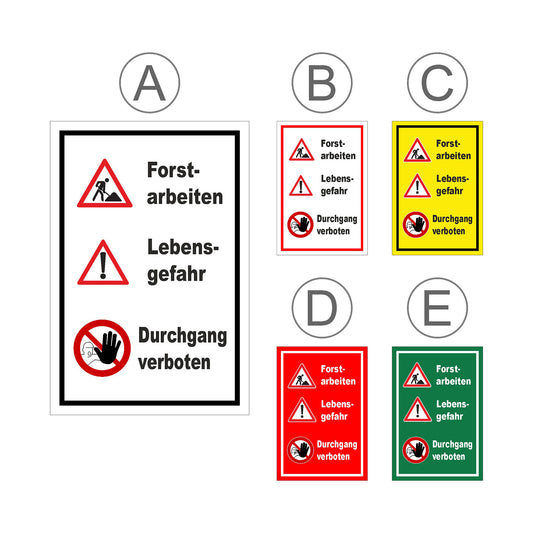 Übersichtsbild Schild Forstarbeiten Lebensgefahr Durchgang verboten mit allen verfügbaren Farbvarianten