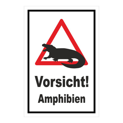 Schild Vorsicht Amphibien ‚Vorsicht! Amphibien‘ in Weiß mit schwarzem Rand und Warnsymbol mit rotem Dreieck