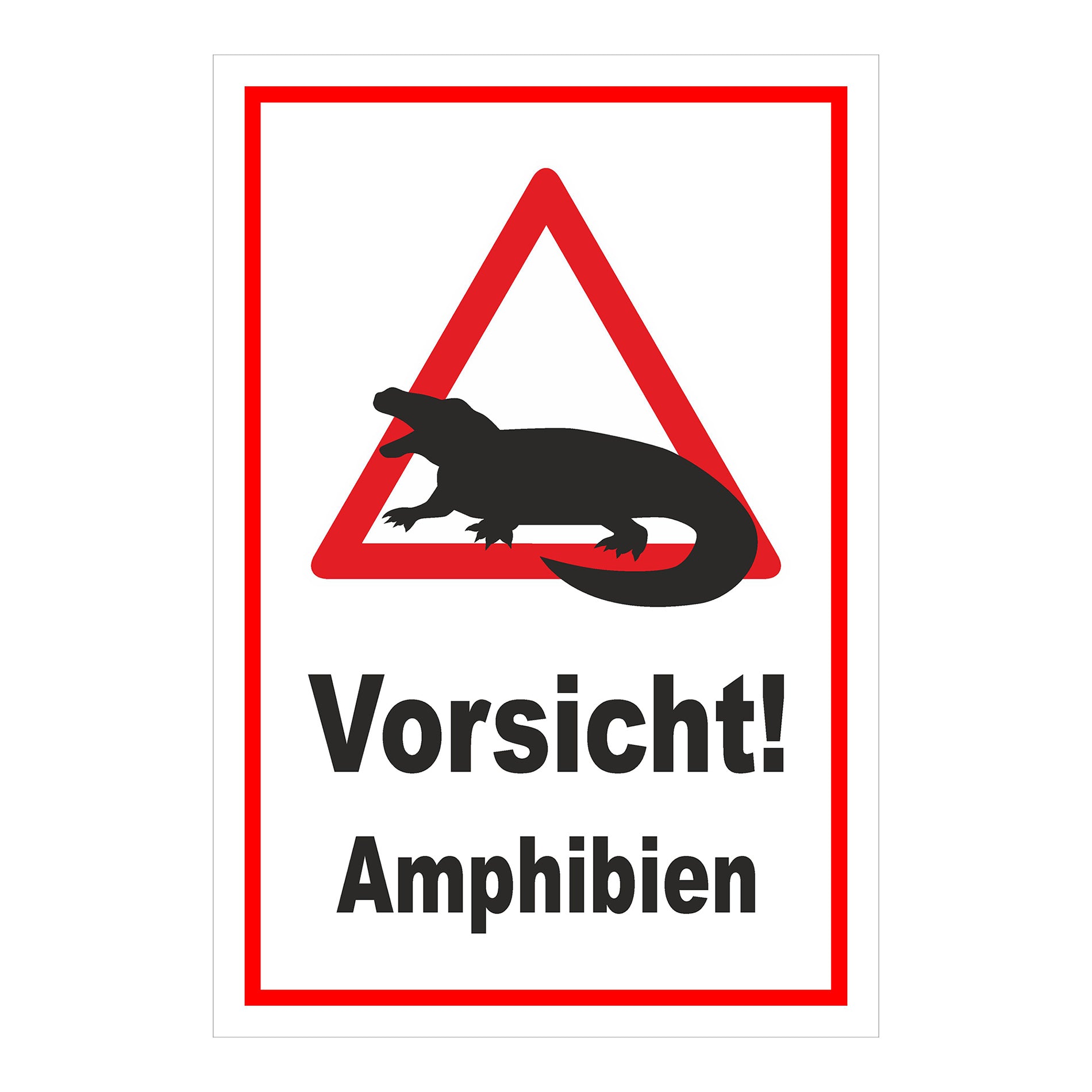 Schild Vorsicht Amphibien ‚Vorsicht! Amphibien‘ in Weiß mit rotem Rand und Warnsymbol mit rotem Dreieck