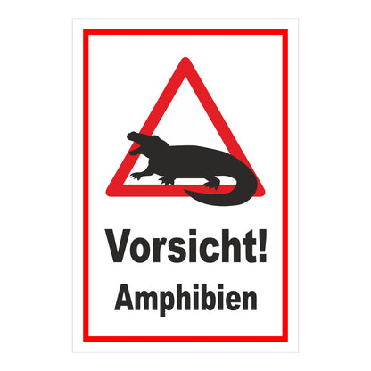Schild Vorsicht Amphibien ‚Vorsicht! Amphibien‘ in Weiß mit rotem Rand und Warnsymbol mit rotem Dreieck