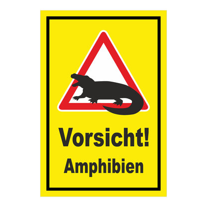 Schild Vorsicht Amphibien ‚Vorsicht! Amphibien‘ in Gelb mit schwarzem Rand und Warnsymbol mit rotem Dreieck