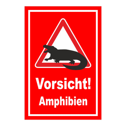 Schild Vorsicht Amphibien ‚Vorsicht! Amphibien‘ in Rot mit weißem Text und Warnsymbol mit weißem Dreieck