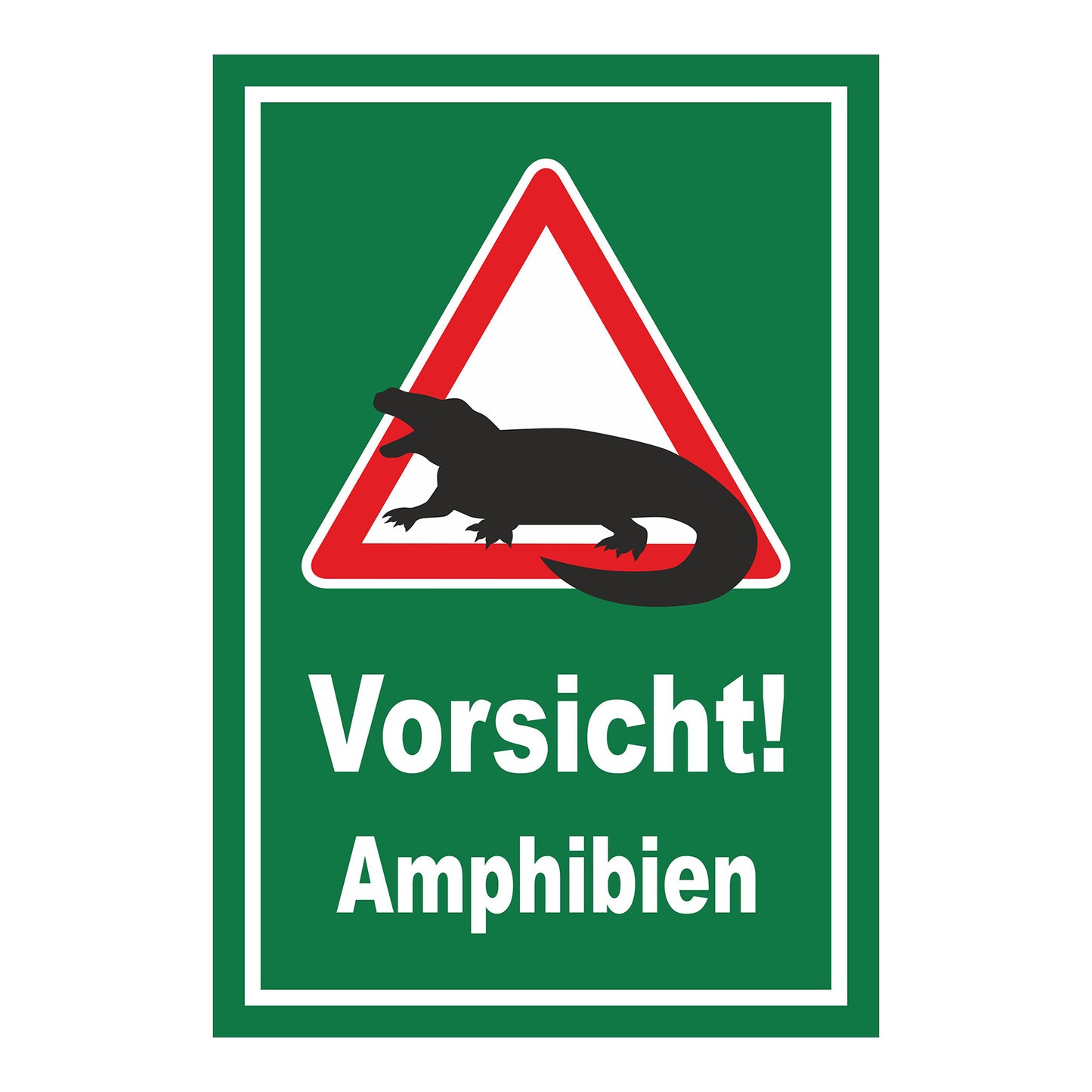 Schild Vorsicht Amphibien ‚Vorsicht! Amphibien‘ in Grün mit weißem Text und Warnsymbol mit weißem Dreieck