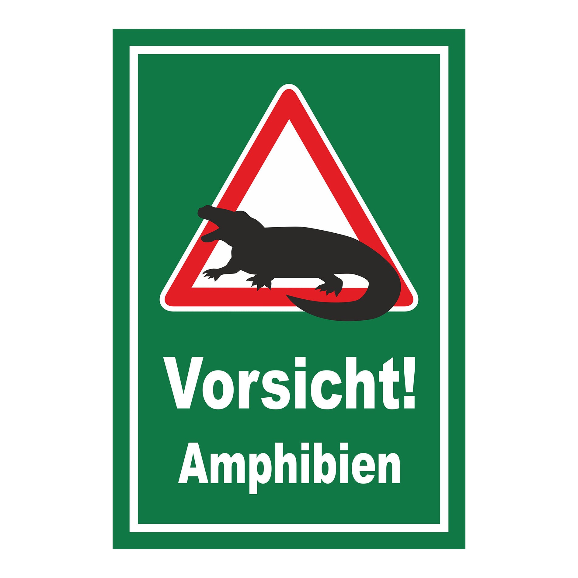 Schild Vorsicht Amphibien ‚Vorsicht! Amphibien‘ in Grün mit weißem Text und Warnsymbol mit weißem Dreieck