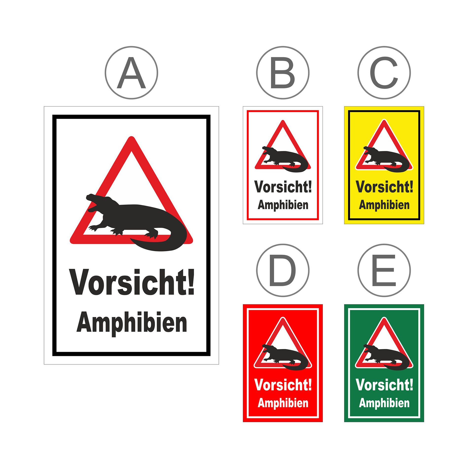 Übersichtsbild Schild Vorsicht Amphibien Warnhinweis Amphibienwanderung ‚Vorsicht! Amphibien‘ mit allen Farbvarianten