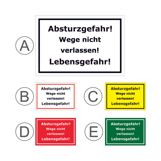 Übersichtsbild Schild Absturzgefahr Wege nicht verlassen Lebensgefahr mit allen verfügbaren Farbvarianten