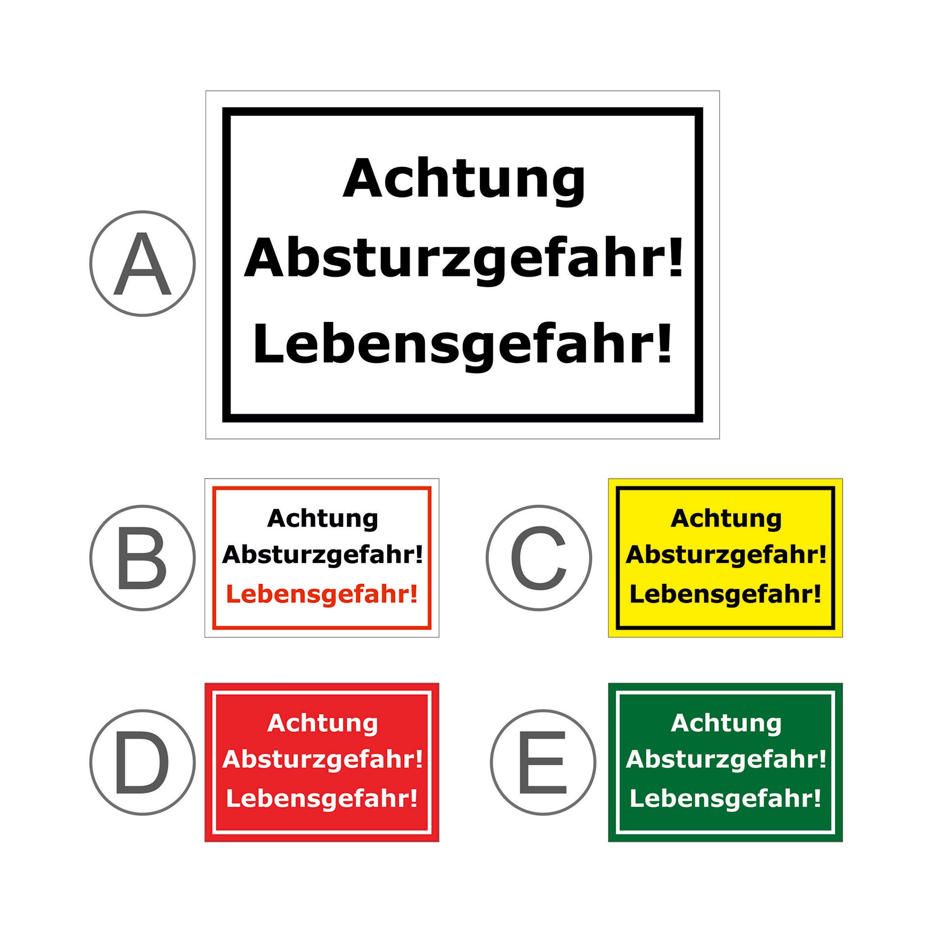 Übersichtsbild Schild Achtung Absturzgefahr Lebensgefahr Warnhinweis mit allen verfügbaren Farbvarianten