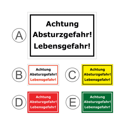 Übersichtsbild Schild Achtung Absturzgefahr Lebensgefahr Warnhinweis mit allen verfügbaren Farbvarianten